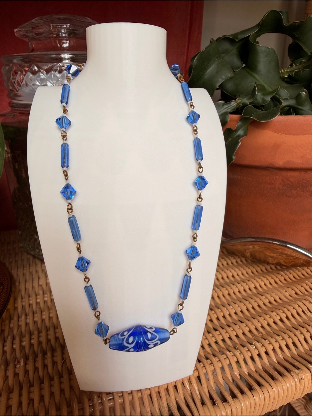 Vintage Handmade Blue Glass Bead Necklace